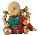 White Whale Brass Decor India Mangalkari Ganesha Resting With Multicolor Stone Work God Ganesha Brass Sculpture