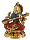 White Whale Maa Saraswati Brass Statue Religious Goddess Sculpture Idol Home Décor