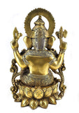 White Whale Lord Ganesha Sitting on Kamal Brass Statue Religious Strength God Sculpture Idol - Large