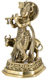 White Whale Lord Krishna with Cow Brass Statue Religious Strength God Sculpture Idol Home Decor Figurine