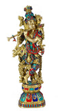 White Whale Brass Lord Krishna Idol Bhagwan Large Statue Multicolor Turquoise Murti for Home Decor Pooja Room - 29 Inch