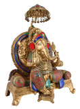 White Whale Brass Mangalkari Ganesha Sitting On Singhasan Bhagwan Idol Ganesha Statue Ganpati Murti Home Décor