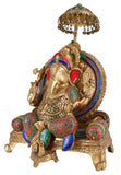 White Whale Brass Mangalkari Ganesha Sitting On Singhasan Bhagwan Idol Ganesha Statue Ganpati Murti Home Décor