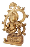 White Whale Lord Ganesha Behind Om Symbol Brass Statue Religious Strength God Sculpture Idol Home Decor