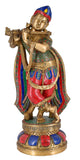 White Whale Brass Lord Krishna Bhagwan Playing Flute God Metal Murti Antique Gold Multicolor Stone Statue