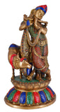 White Whale Lord Krishna Idol with Nandi Cow Brass Statue Idol Showpiece Statue Sculpture Murti