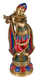 White Whale Brass Lord Krishna Bhagwan Playing Flute God Metal Murti Antique Gold Multicolor Stone Statue