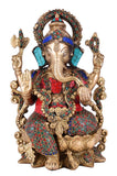 White Whale Large Lord Ganesha Sitting On Lotus Brass Idol Hindu Good Luck God Deity Ganesh Statue -Hindu Ganesha Idol Sculptures Home Décor