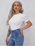 Whitewhale Casual Puff Sleeves Solid Women White Top