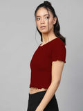 Whitewhale Casual Regular Sleeves Solid Women Maroon Top