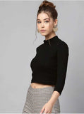 Whitewhale Casual Regular Sleeves Solid Women Black Top